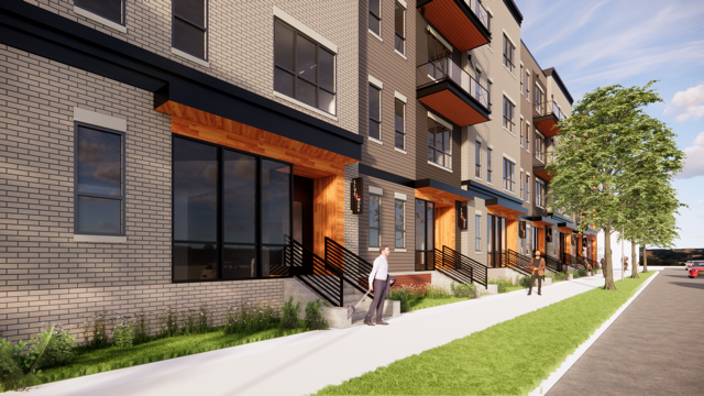Rendering of multi-level affordable housing building near street.