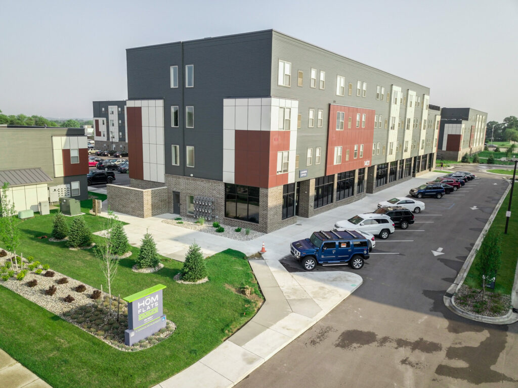 Aerial view of a group of affordable housing apartment buildings, called Grand View Place, in Grand Rapids, Michigan.