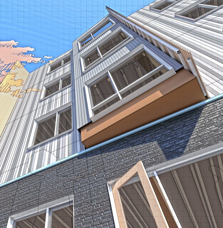 Rendering of exterior windows of affordable housing building.